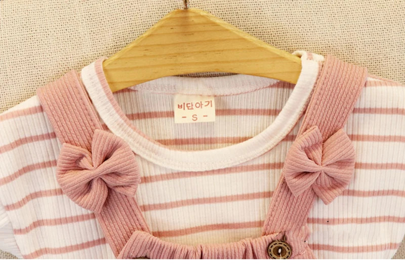 Summer Toddler Baby Girls Clothing Sets Kids Short Sleeves Cotton Stripped T-shirtSolid Overalls Infant Girls Casual Clothes 250319