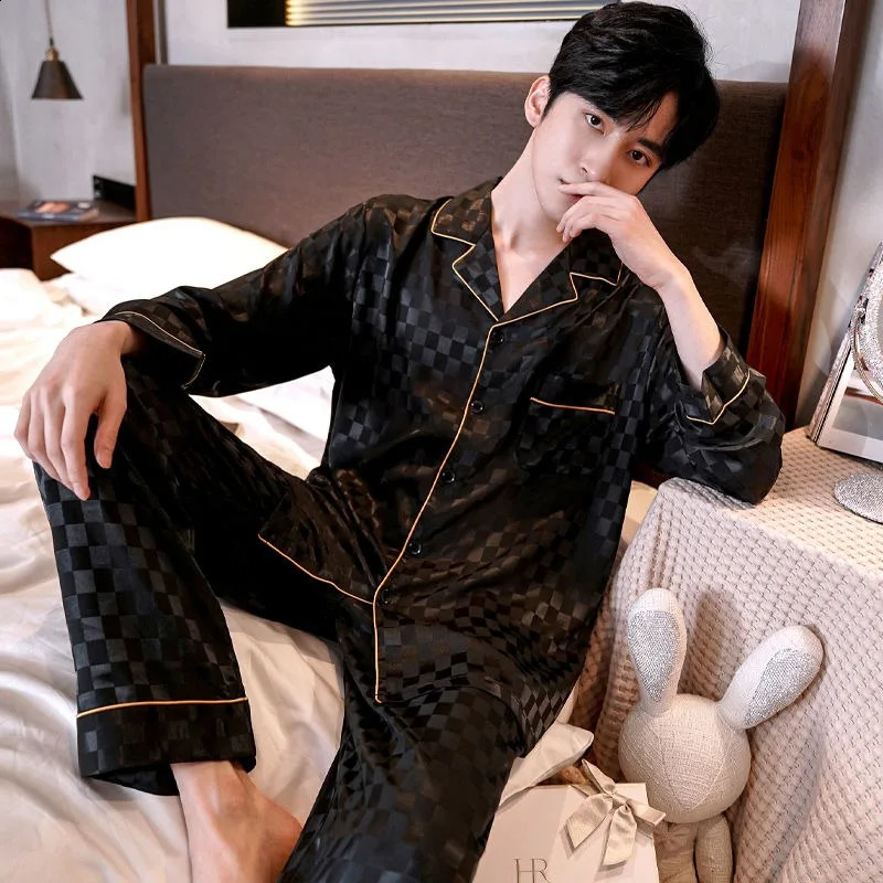 Fashion Pajamas Mens Spring and Autumn Long sleeved Pants Pajamas Youth Thin Ice Silk Summer Casual Set Pajamas 250317