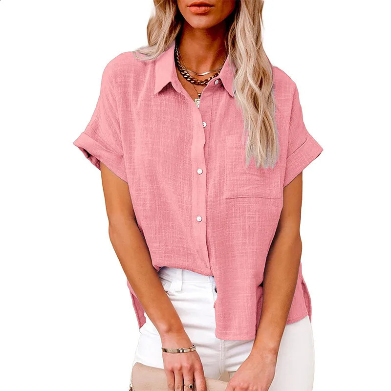 Summer womens plain linen pocket shirt casual short sleeved OL sports loose top LRFZ-6022 250318