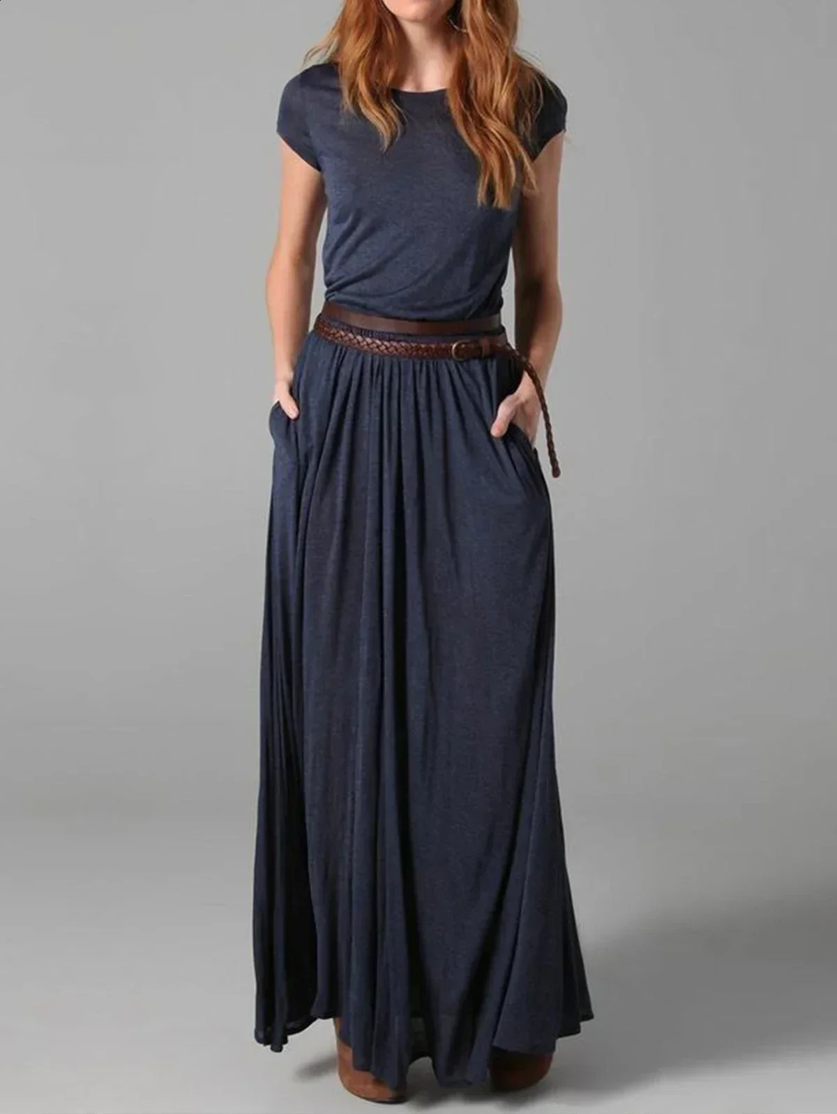 Plus size retro round neck dress short sleeved minimalist casual summer womens bag pleated long skirt 2024 250319