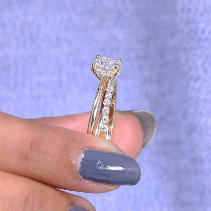 Jewelry 1.00 CT Round IGI Lab Grown Diamond Bridal HPHT Ring Set Real Yellow Gold Round Diamond Hidden Halo Ring Engagement Ring For Women