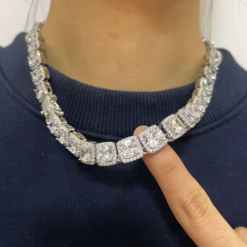 Cluster shaped tennis chain, sparkg jewelry, long stick bread, 10mm rhodium plated, gold-plated, clustered necklace, chocolate ice, cubic zirconia, me
