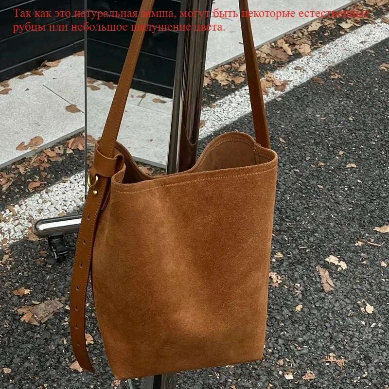 Frosted Cowhide Bucket Women Suede Leather Purses Lazy Style Crossbody Shoulder Winter Large Bag