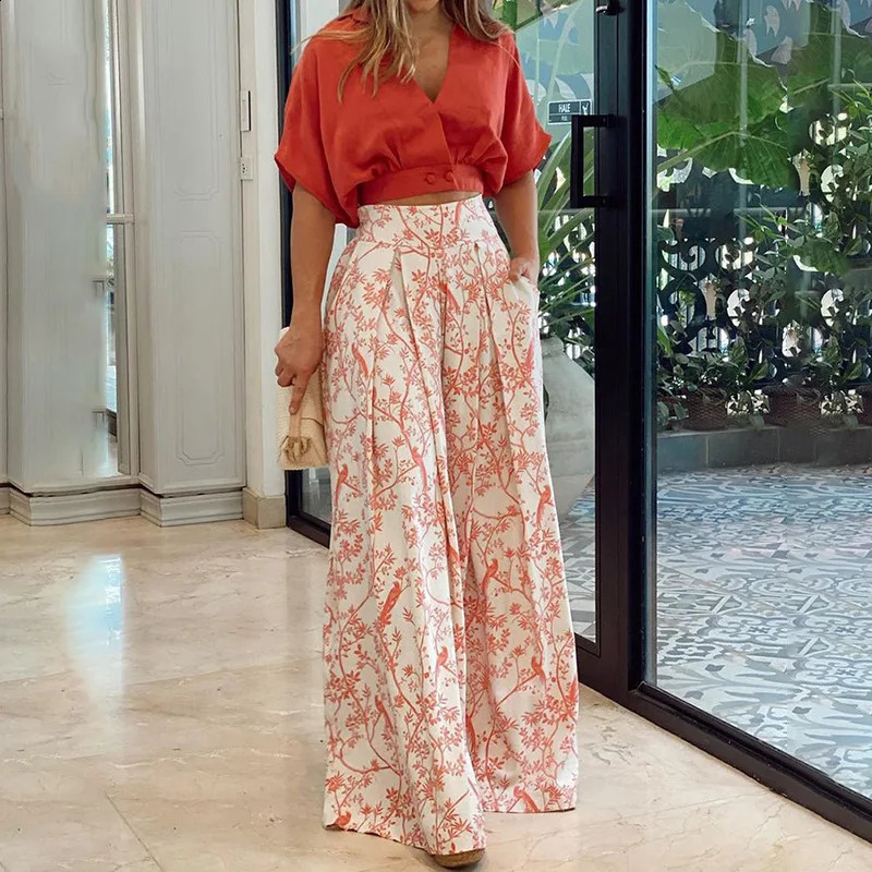 Casual and elegant office womens set summer deep Vneck short sleeved crop top elastic waist printed loose wide leg pants 2piece 250319