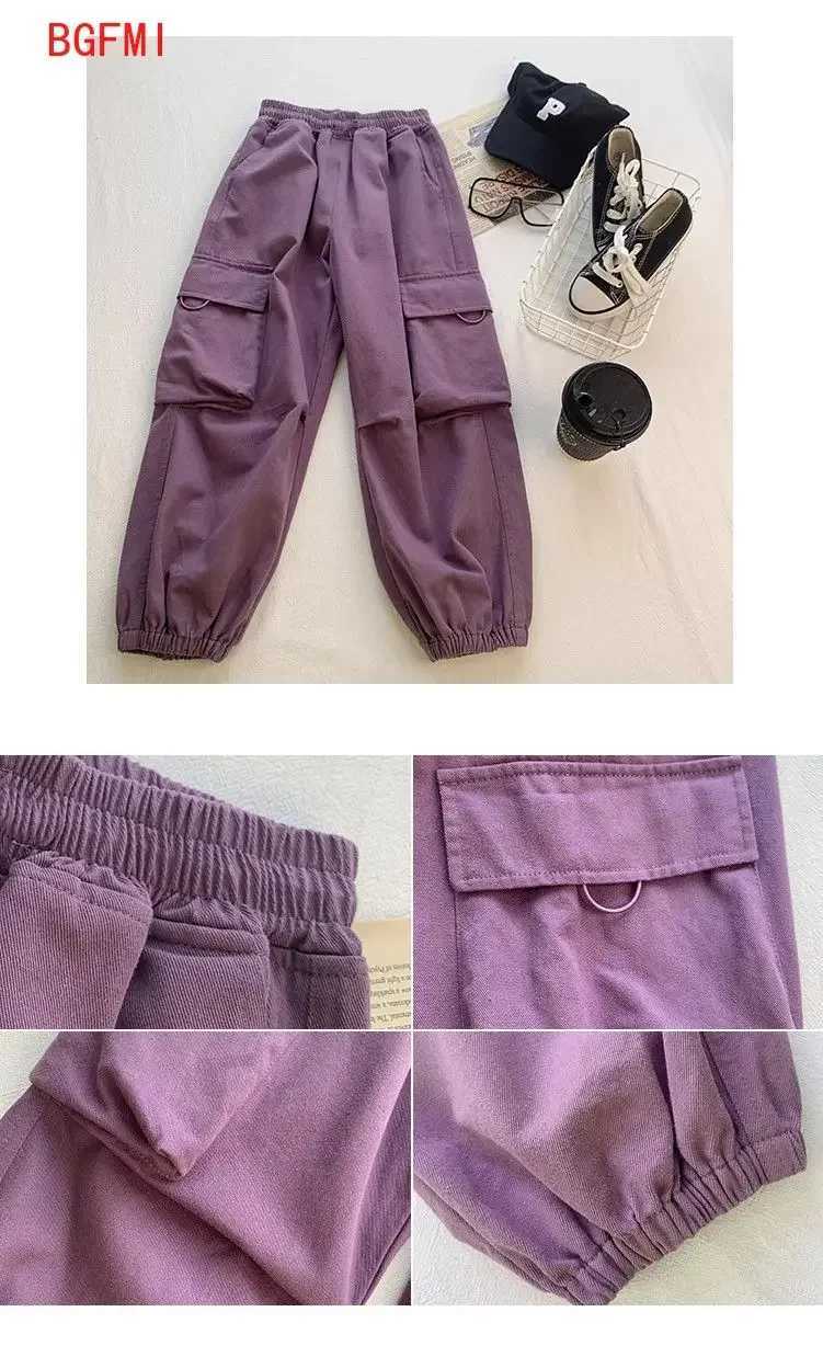 Girls purple casual pants big childrens clothing Korean black cargo pants girls 2025 spring fashion new cotton TrouthersT250318