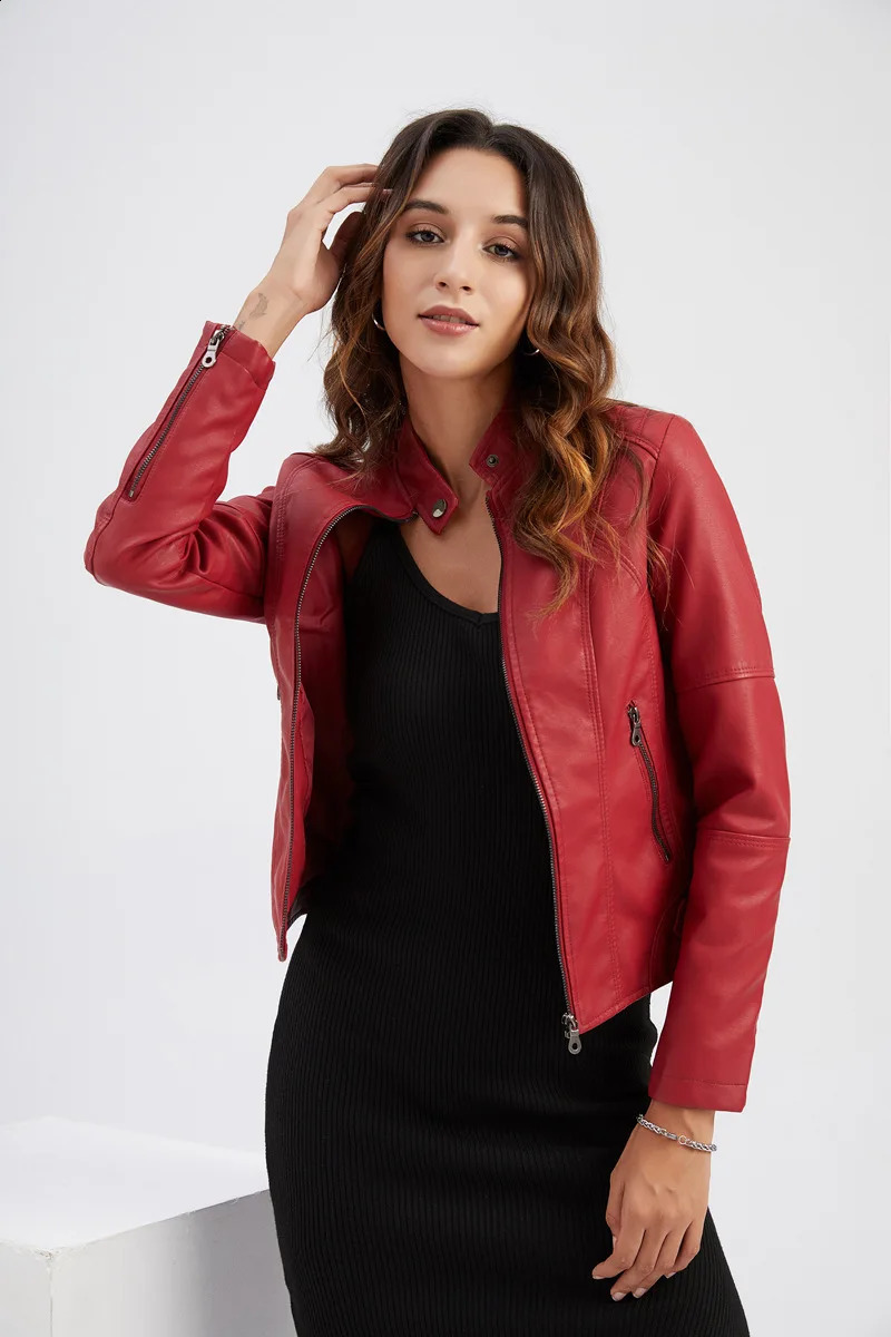 Womens Plus size 3XL synthetic leather motorcycle jacket zipper 250319