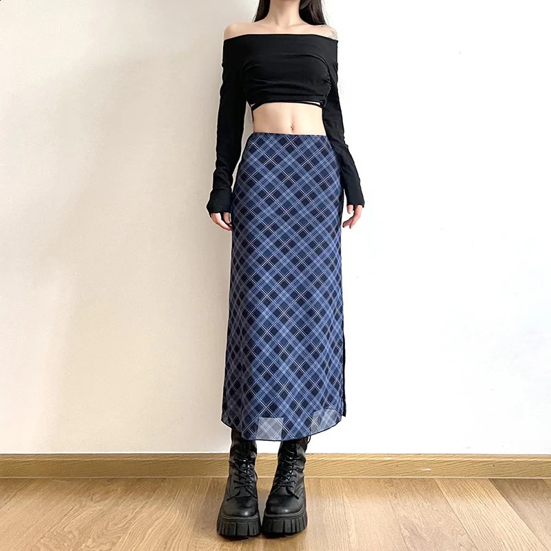 Women Spring Autumn Plaid Print Wrap Hips Skirts Fashion Ankle-Length Sexy Slim Pencil Skirts Preppy Style Girls Slit Midiskirt 250313