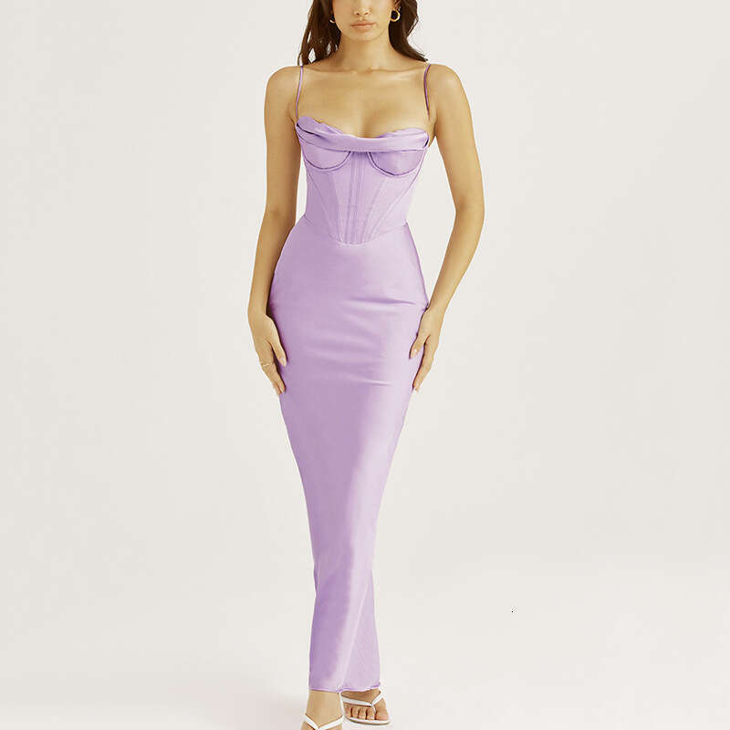 Sexy Women's Dress New Sexy Pile Up Collar Satin Fishbone Pleated Suspender Long Skirt