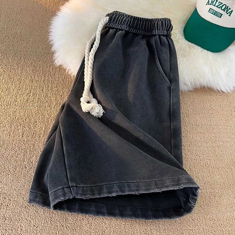 Plus size hip-hop summer casual shorts for men Gothic washed mens solid color shorts Y2K knee length shorts W250319