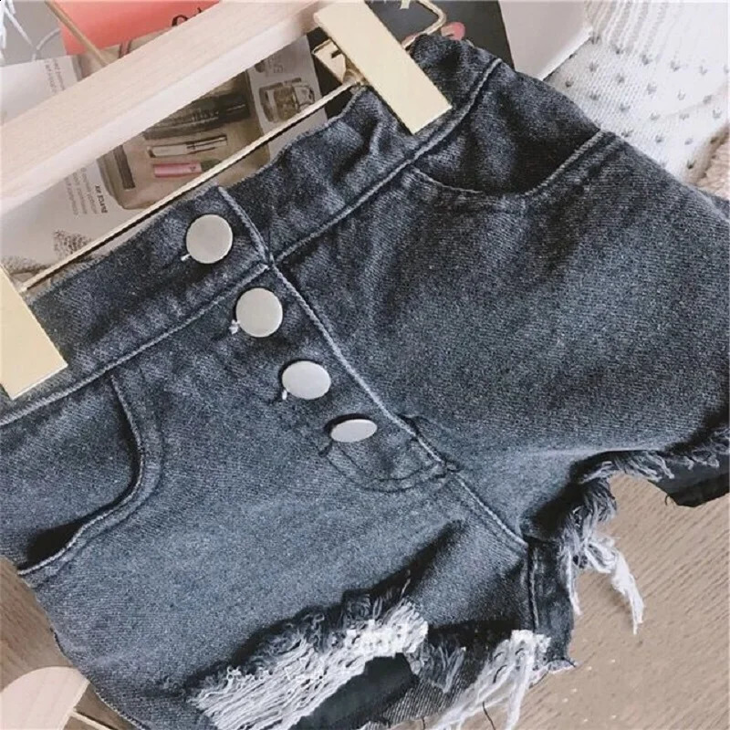Fashion Baby Girl Casual Jean Shorts Ripped Holes Toddler Teen Child Cotton Scanties Trousers Button Summer Baby Clothes 1-14Y 250319
