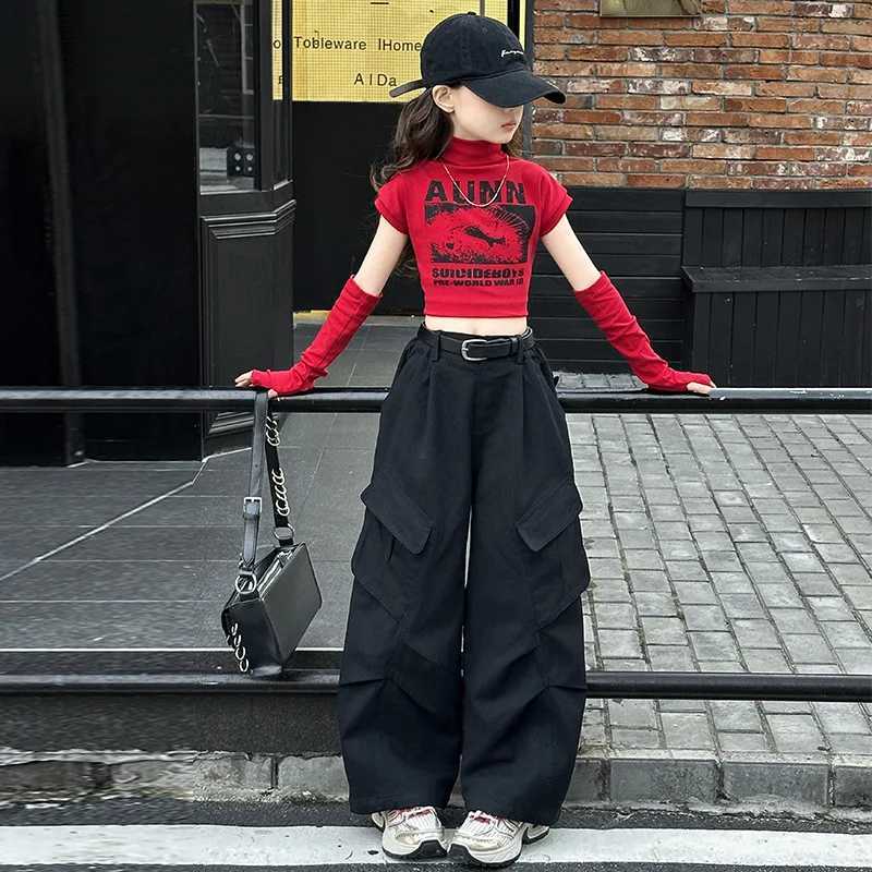 spring teen girls Wide leg cargo pants junior kid Casual cargo pants trousers Broken sleeve t-shirt Hip hop jazz street danceT250318