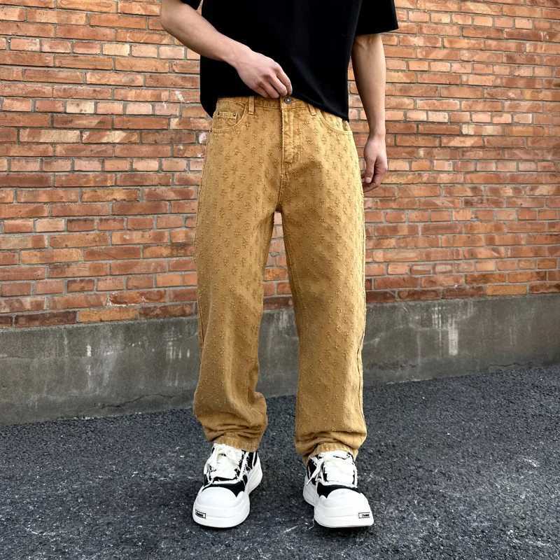 Pink jeans mens 2025 fashionable multi-color design hip-hop trend street mens loose straight leg wide leg washed jeansT250319