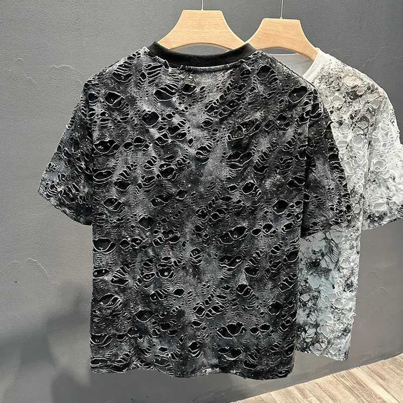Street Trend Fashion Summer New Mens O-neck Tie Dye Hole High Street Casual Full Match Half Sleeve Loose Zipper T-shirt TopT250318