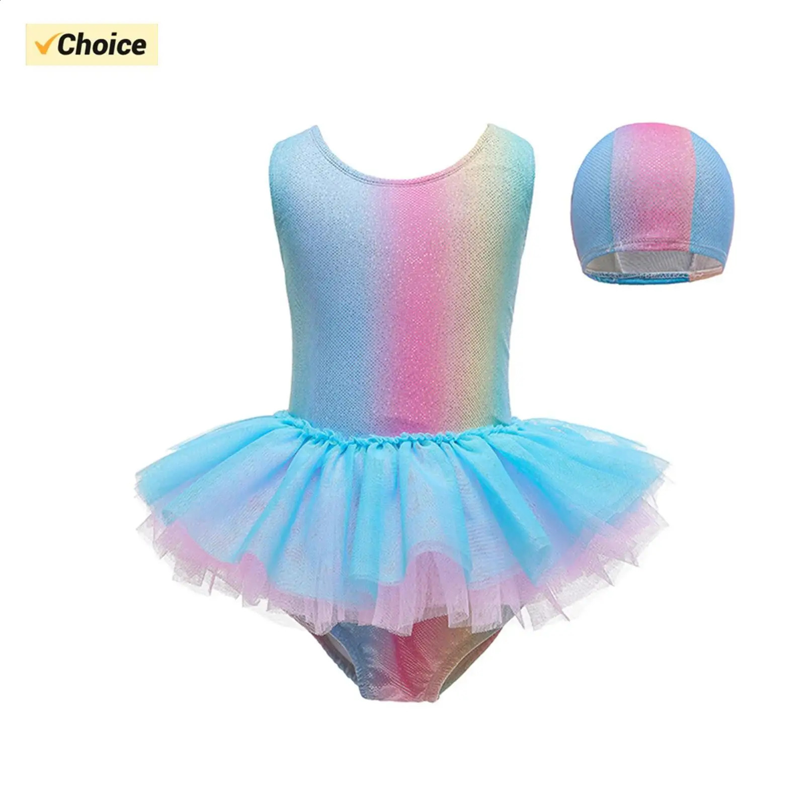 Toddler Girls One Piece Sweet Ballet Princess Swimsuit with Mesh Skirt Ruffled Swimwear Sun Protection Bathing Suit Swim Caps 250319