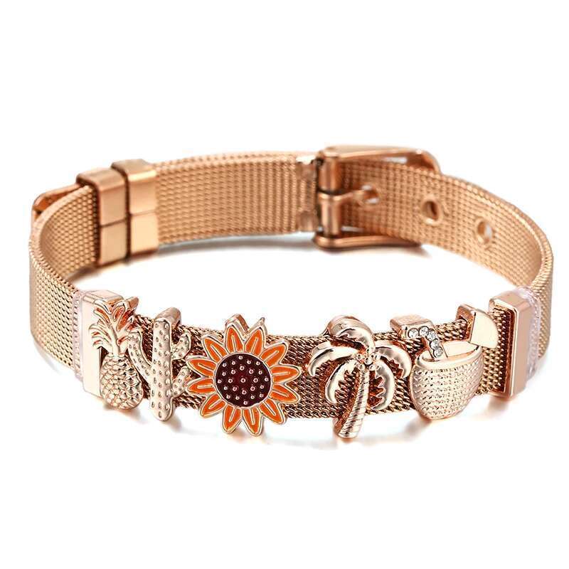Summer Vacation Series 10mm Beads Charm Bracelets DIY Stainless Steel Mesh Bracelets Pulseras Mujer For Women Men Jewelry Gift