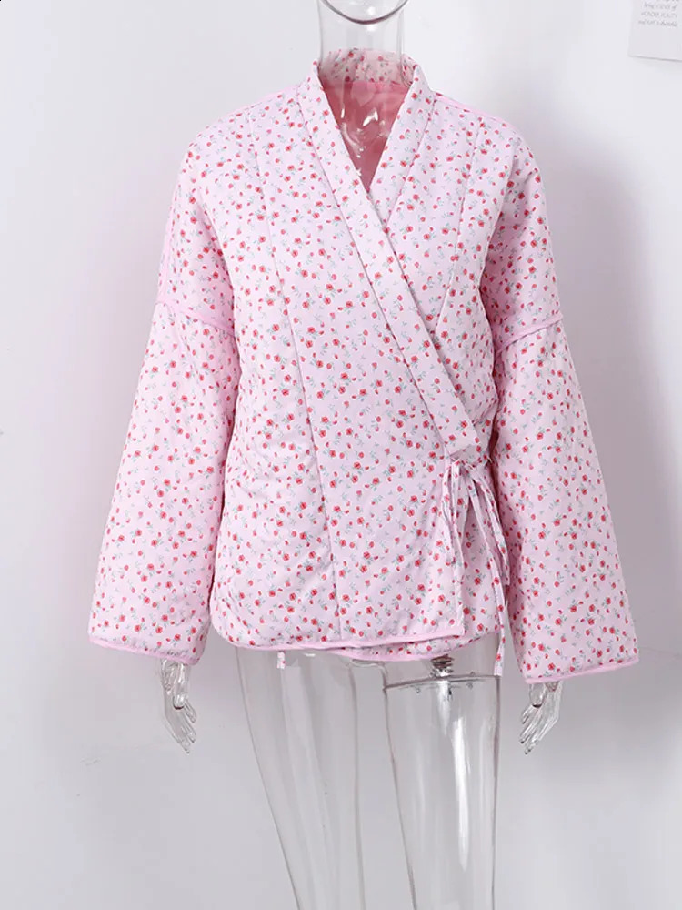 Casual Printed Womens Thick Coat Loose Lace Full Sleeve Quilted Jacket 2025 Early Spring Warm 250319