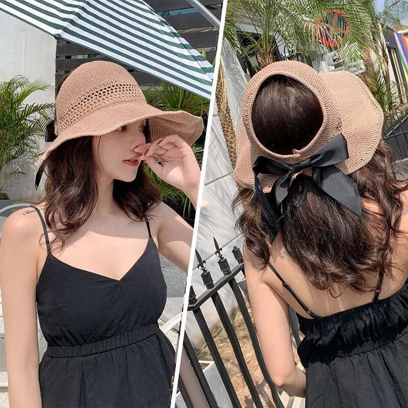 Summer Empty Top Ribbon Bowknot Straw Hats For Women Ppy Panama Sun Hat Travel Beach Female Foldable Sunscreen Cap