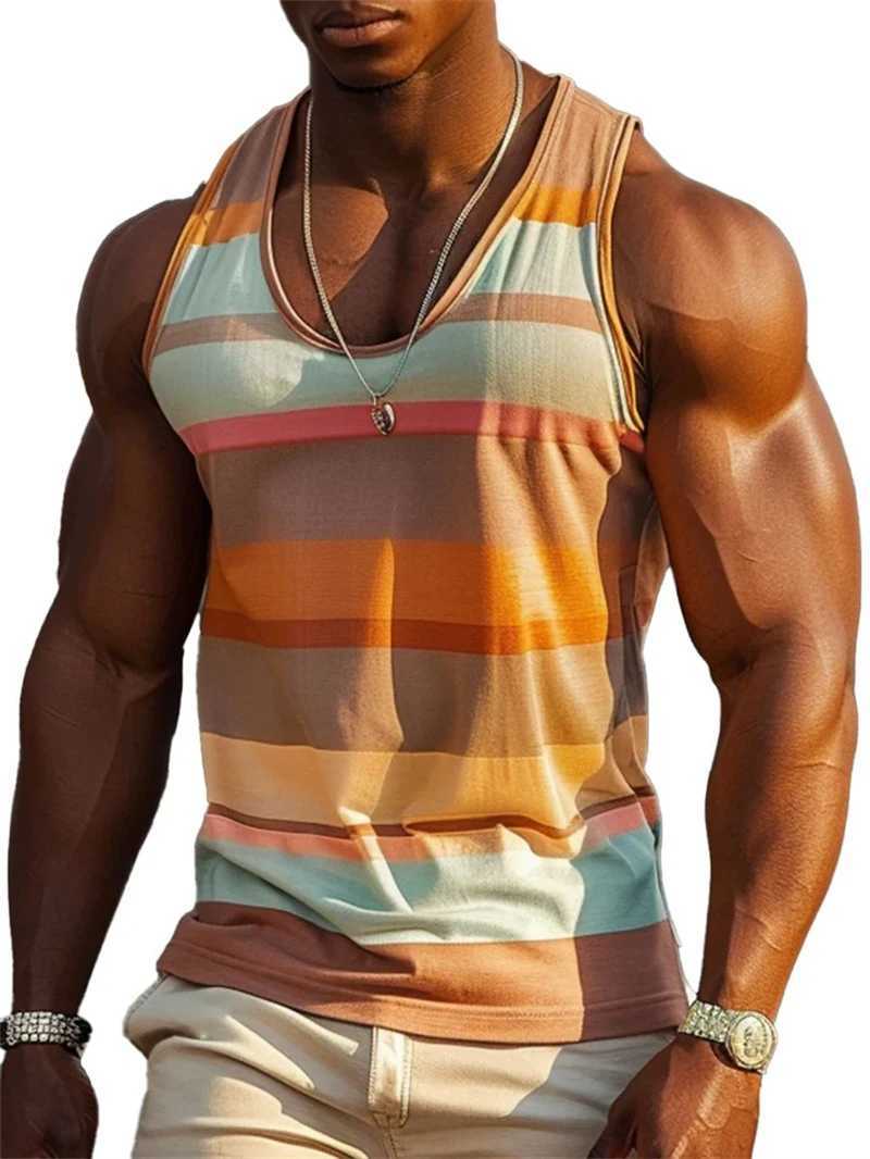 Retro striped graphic tank top mens fashionable casual summer sleeveless 3D printed vest loose crew collar quick drying sports T-shirtT250318