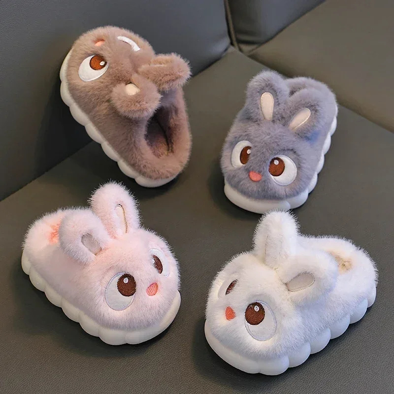 winter cute big eyed rabbit childrens waterproof warm non slip and fluffy slide suitable for girls boys children indoor cotton shoes 250318