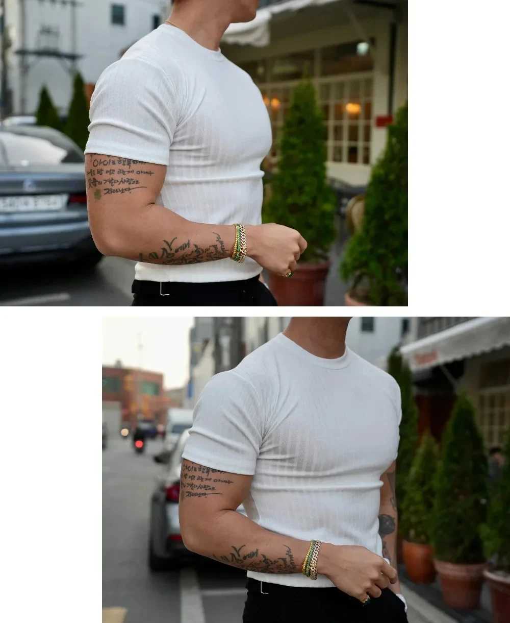 2024 New Fashionable Muscle Fitness Mens Summer Sports Fitness Leisure Round Neck Elastic Short Sleeve Vertical Stripe T-shirtT250318