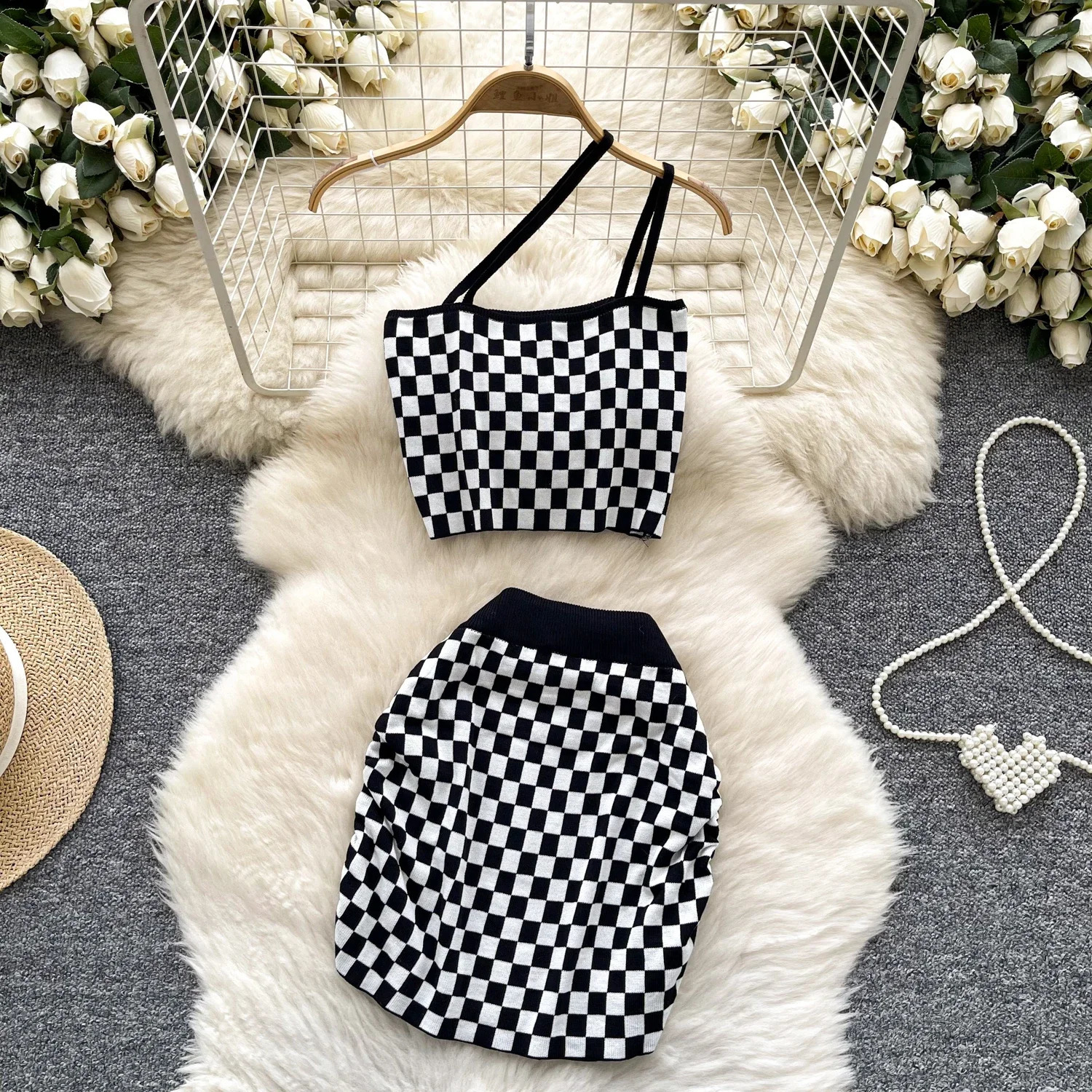 vacation style plain weave set for women strapless air mini tophigh waisted tight fitting dress fashionable casual knitted 250318