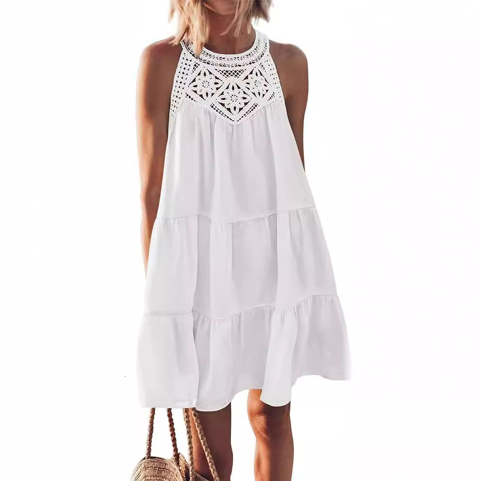 2025 women's spring and summer hollow lace splicing hanging neck A-line dress