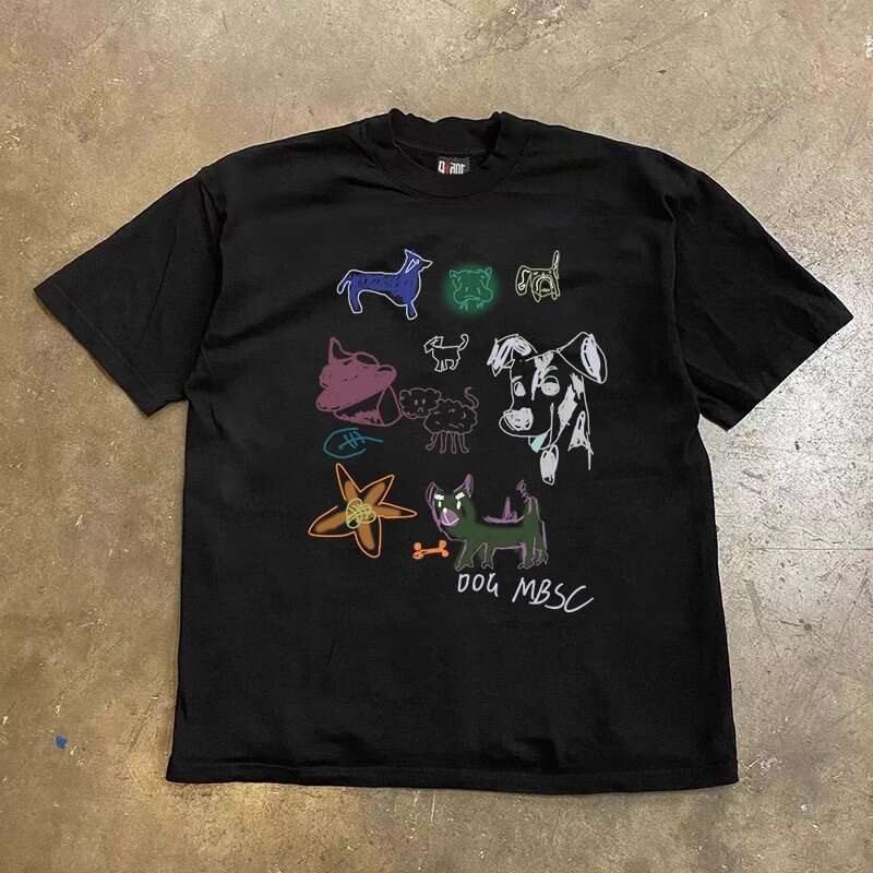 American oversized pure cotton hand-painted cat and dog graffiti couple style women's loose short T-shirt men's half sleeved shirt