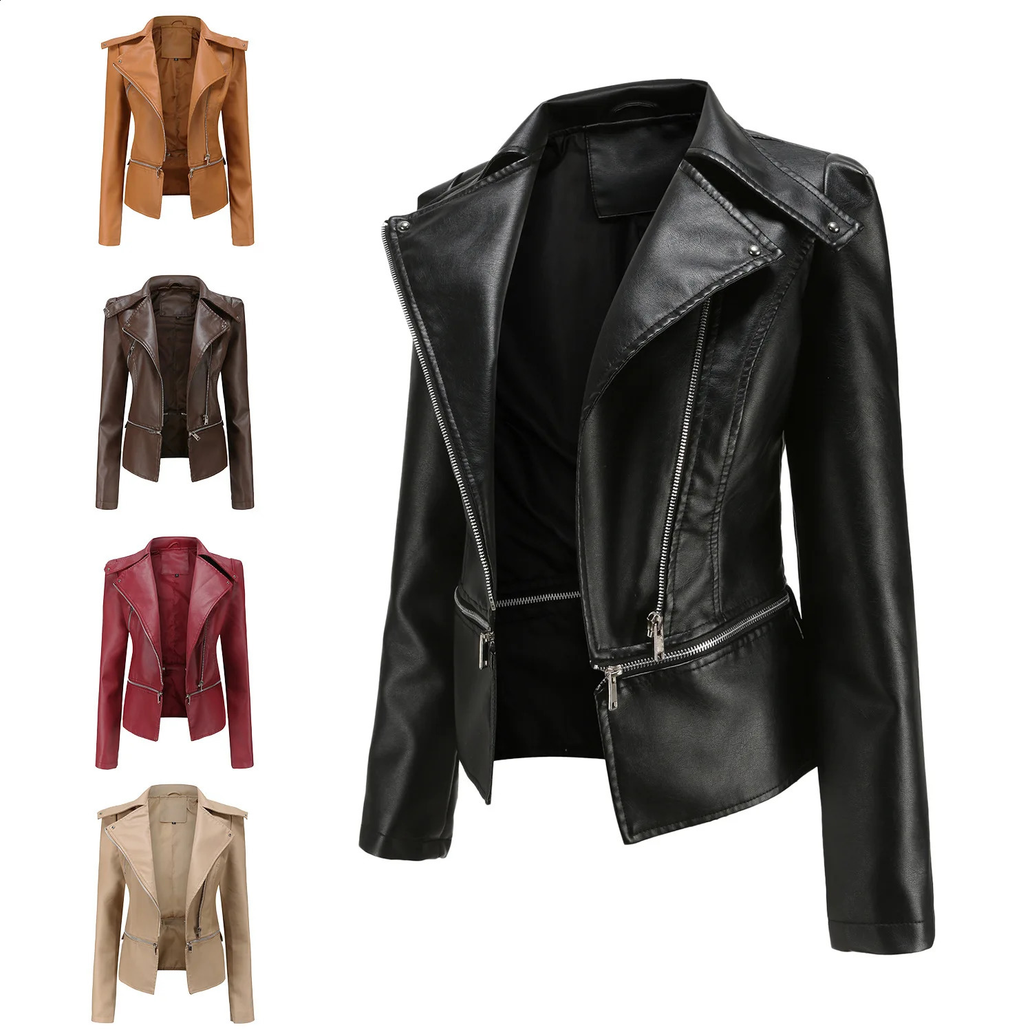 2025 SpringSummer Womens Leather Jacket Detachable Bottom Collar Zipper Casual Coat Motorcycle Windproof 250319