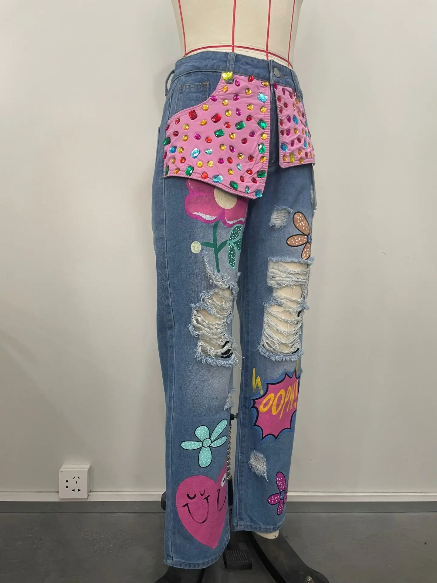 Fashionable Womens Jeans Spring Summer Brick Print Holes Comfortable Street Can Wear Ladies Wide Leg Pants 250314