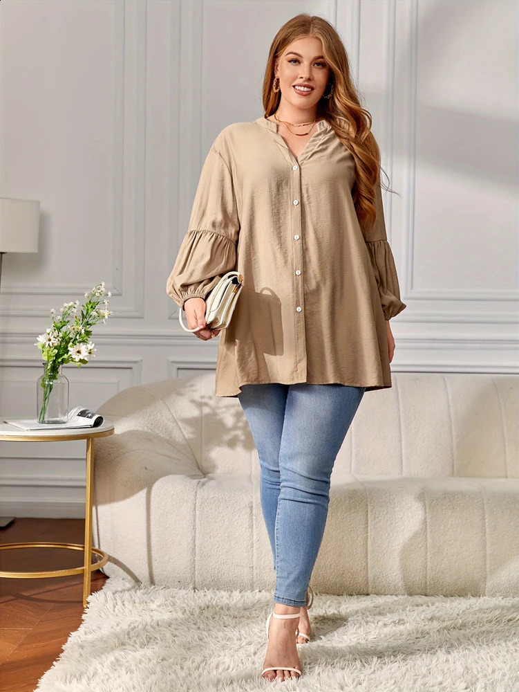 Plus Size 2025 Spring Womens Solid Color Button Shirt Elegant Loose Blouse Versatile Office 250319