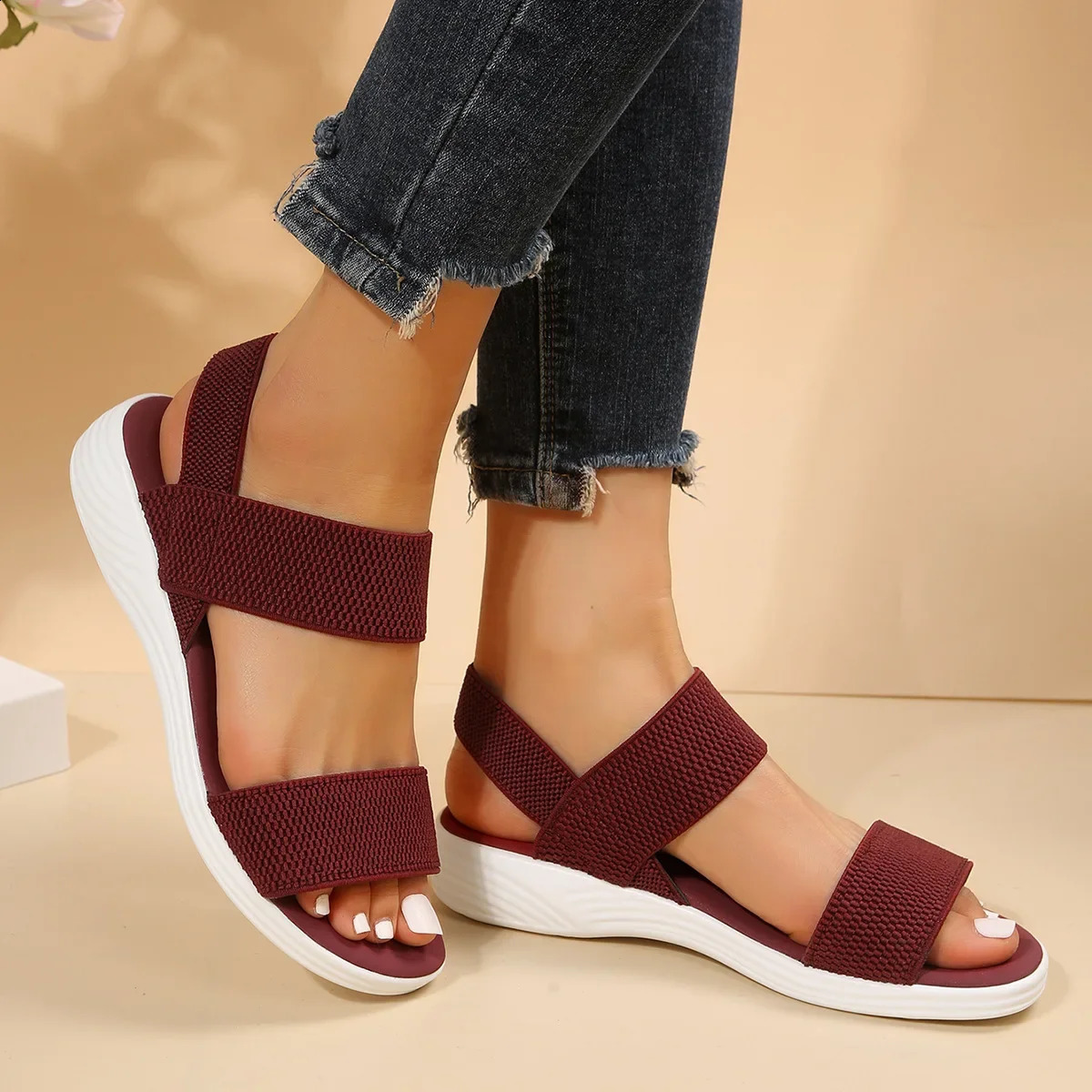 Womens Knit Elastic Cloth Wedge Sandals Slip On Lightweight Walking Sandals Women Plus Size Comfortable Summer Shoes Woman 250317