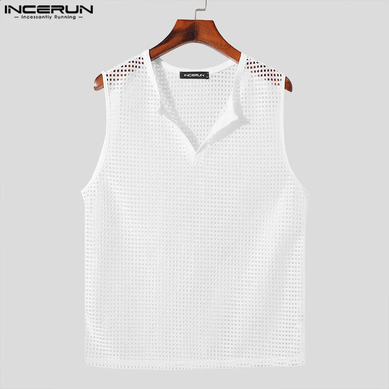 Mens Tank Top Mesh Hollow Solid V-neck Sleeveless Summer Mens Tank Top Transparent Fashion Mens Clothing INCERUN 250313