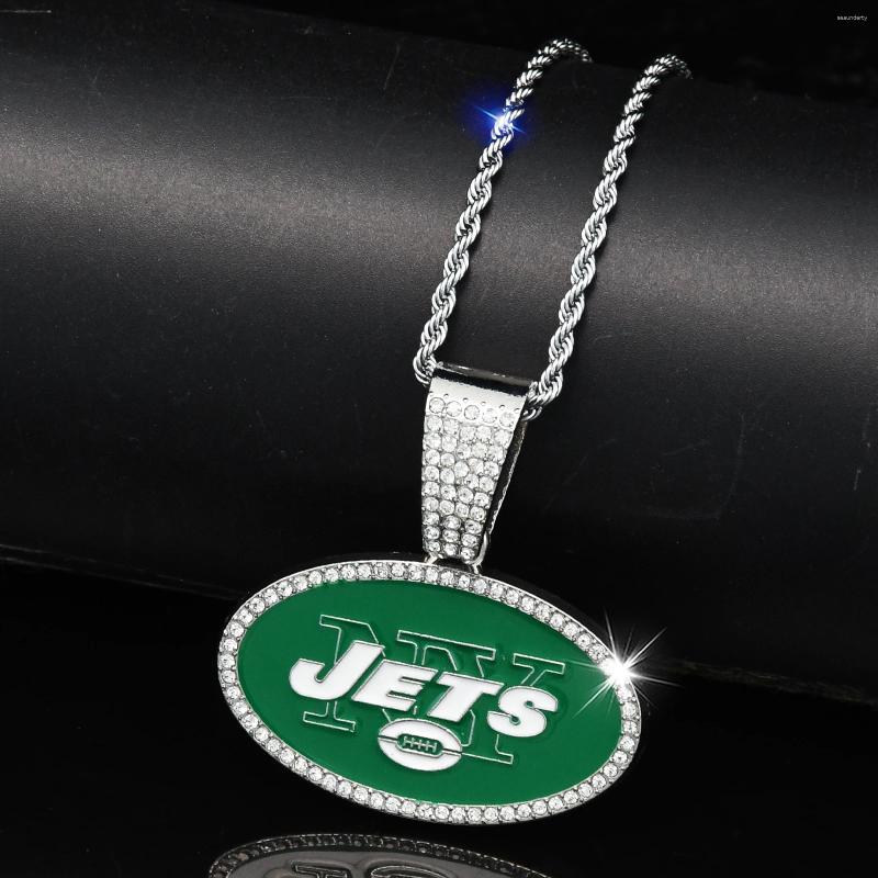 Pendant Necklaces Green Charm NY Letter Jets Football With 24in Stainless Silver Rope Chain Necklace