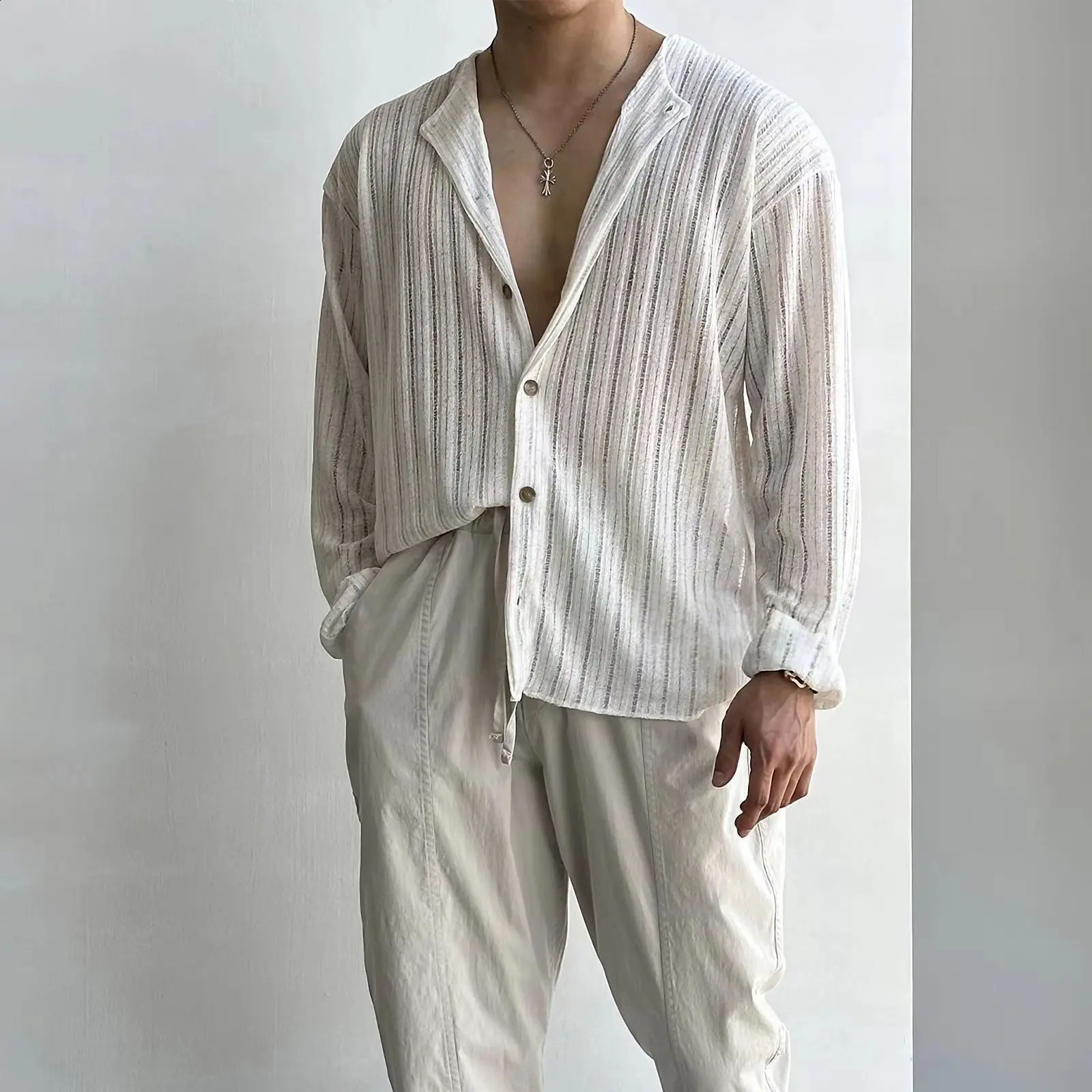 Large mens V-neck sexy knitted cardigan solid color long sleeved hollow polo shirt mens top 250317