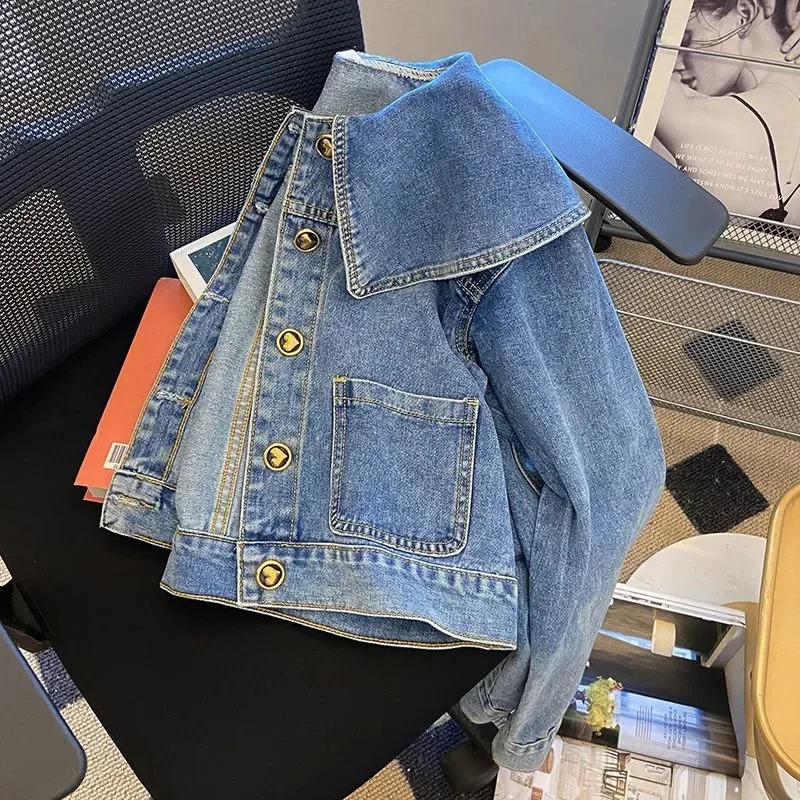 Doll Collar Denim Jacket Female Spring Autumn Vintage Lotus Leaf Collar Loose Cowgirl Jackets Tops Single-Breasted Coat 250317
