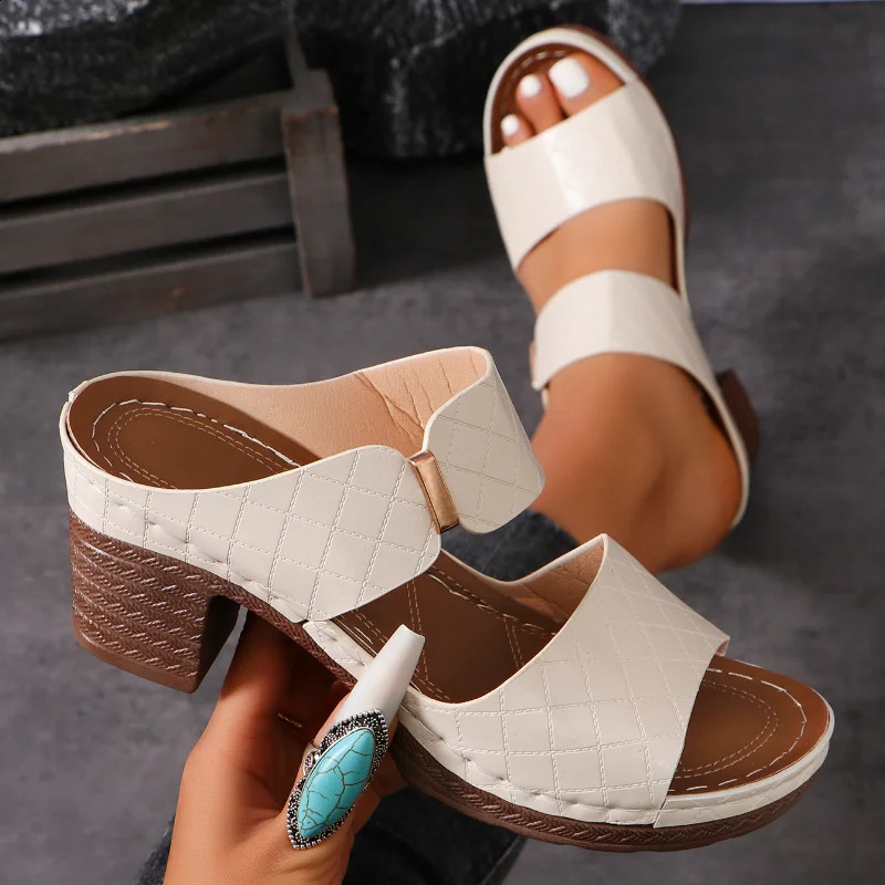 Women Summer Lightweight Hollow Sandals High Heels Dress Chunky Open Toe Slippers Female 2024 Casual Slingback Slides Shoes 250317