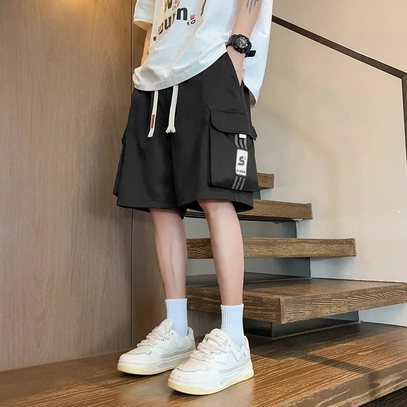 Mens Cargo Shorts Solid Color Multiple Pockets Short Pants Summer Elastic Waistband Drawstring Casual Men 250319