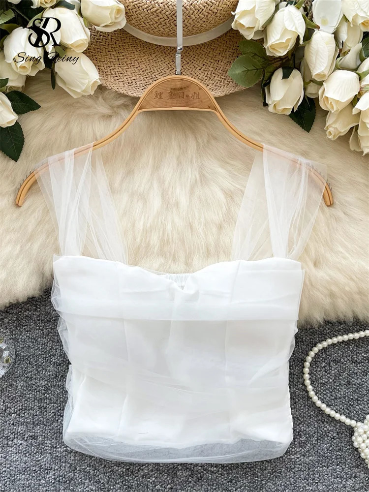 SINGREINY Sweet Gauze Female Sexy Camisole Sleeveless Short Elastic Sheath Camis Women Korean Style Fashion Streetwear Camisole 250319