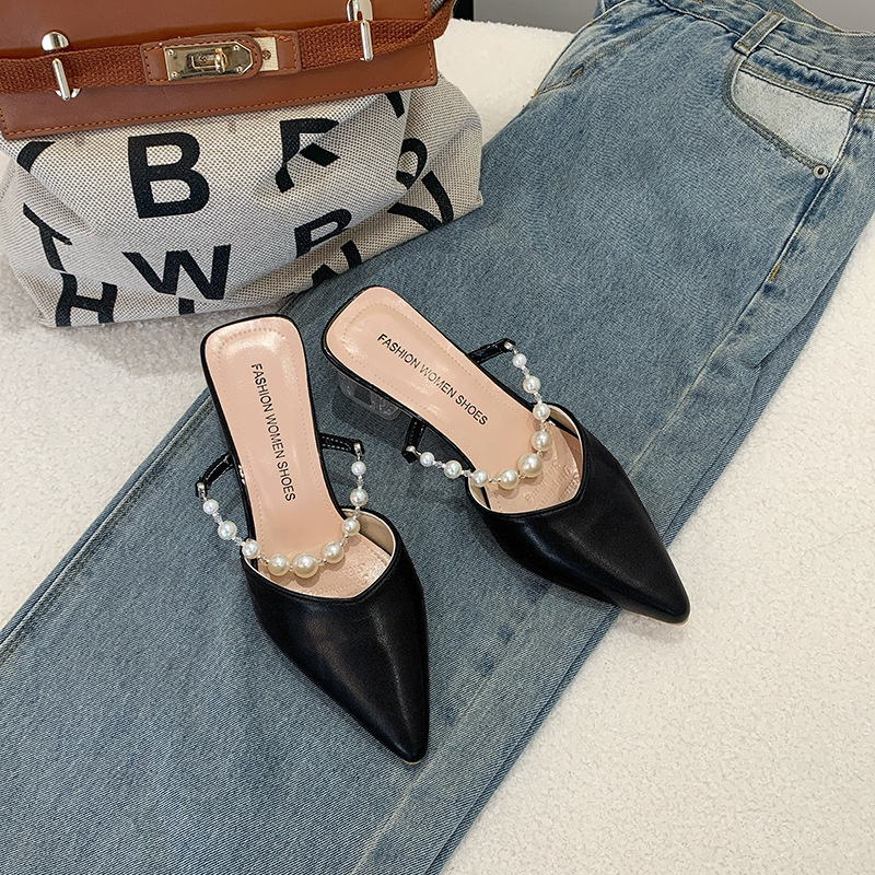 High heels, single shoes, pearl toe sandals, summer thick heels, straight strap slippers, women's outerwear, pointed half drag 2025