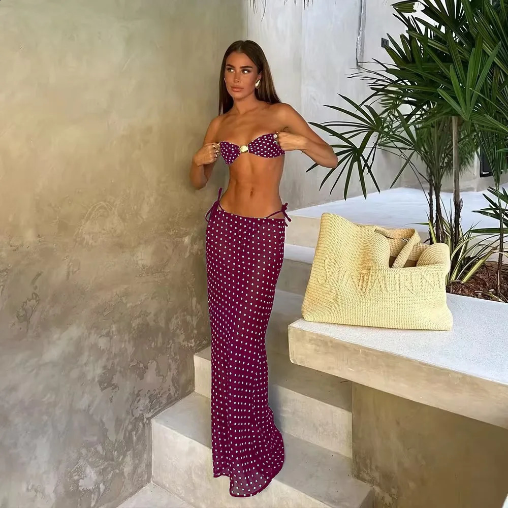 Bandeau Dot 3 Pieces Sexy Bikini With Long Skirt Women Swimsuits Female Swimwear Bathing Suit Swimming Suits Beachwear Biquini 250319
