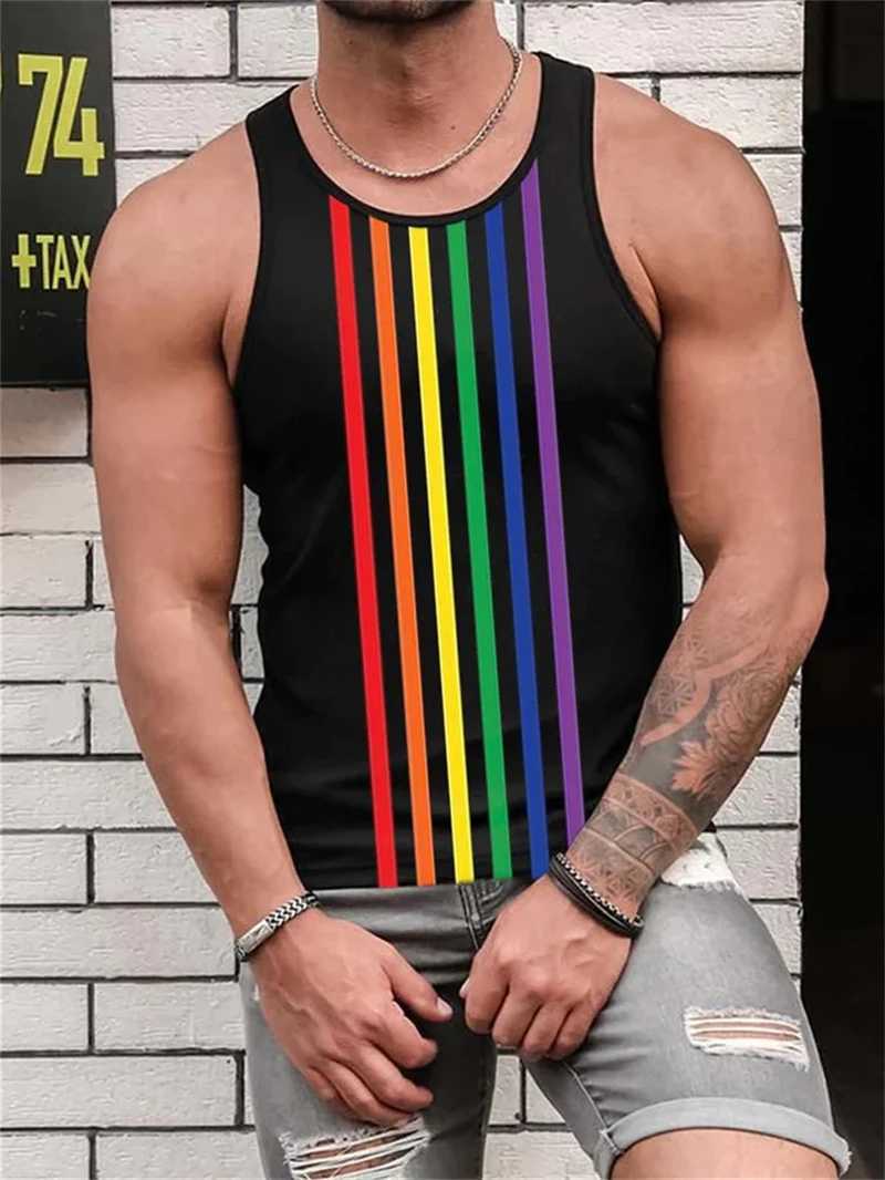 Retro striped graphic tank top mens fashionable casual summer sleeveless 3D printed vest loose crew collar quick drying sports T-shirtT250318