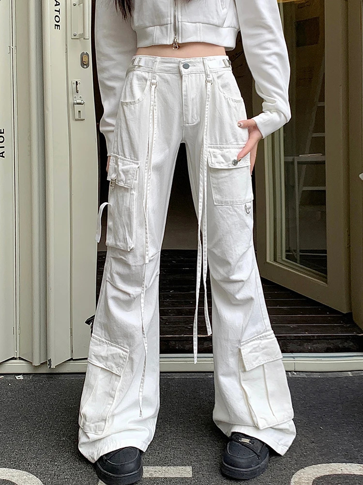 Womens American Retro Flares Low Waist Cargo Pants with Pockets FloorLength Dragging Jeans Style 250317