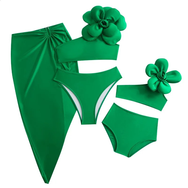 Fashion Mother Daughter Swimsuits Family Look Mom Daughter Bathing Suit Adults Girls Flower Bikini 3Pcs Family Matching Swimwear 250319