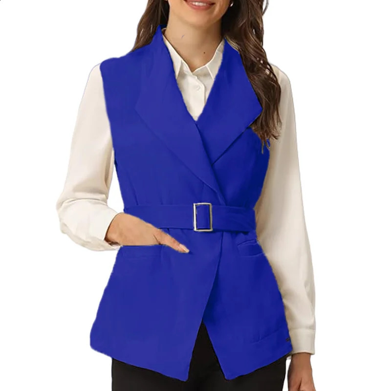 Womens Sleeveless Collar Open Vest Spring Jacket Thin with Inner Lining and Belt Clothing 250319
