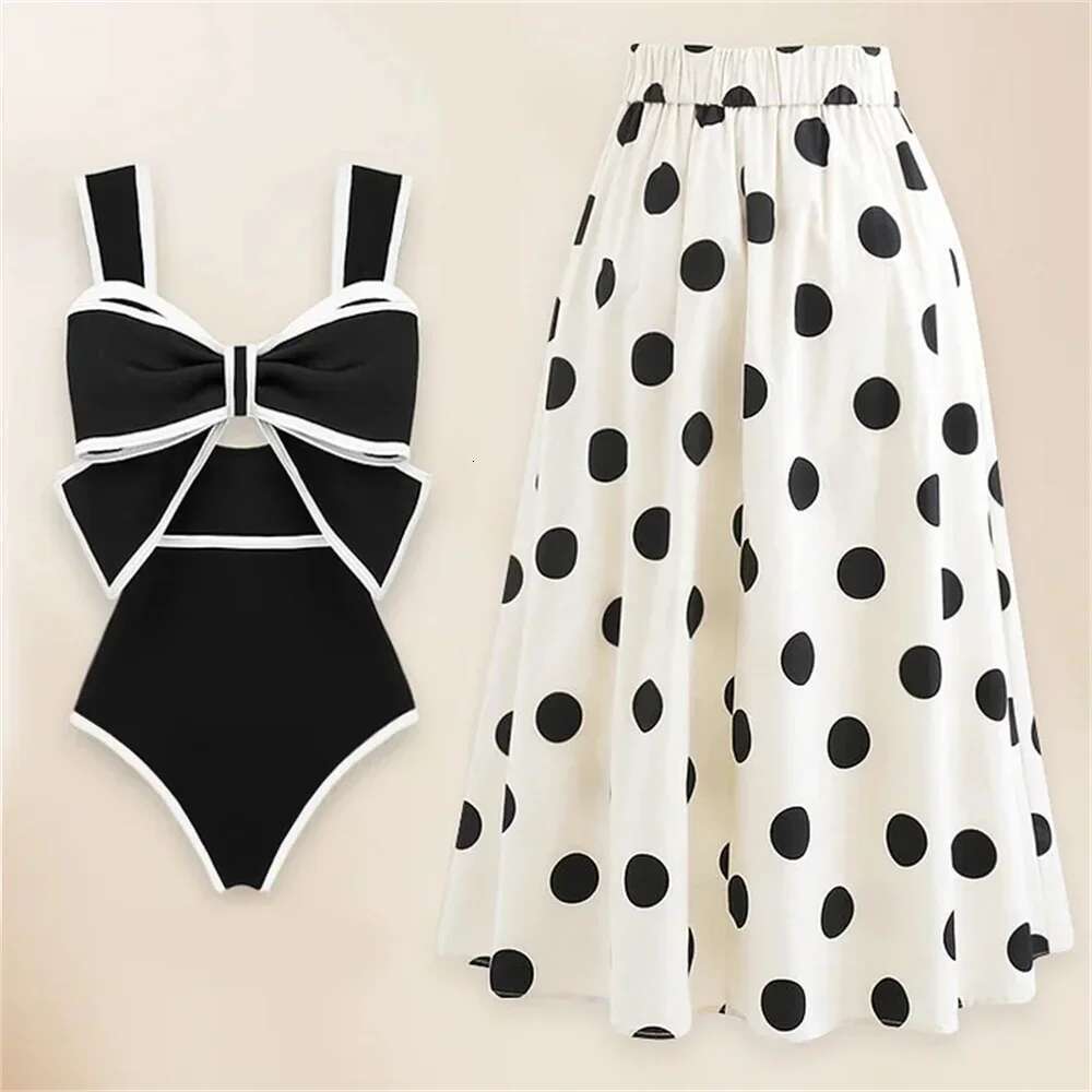 Black and white retro one-piece swimsuit, tie, skirt, sexy, monokini, beachwear, beachwear, 2025