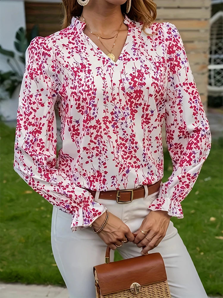 Fashionable Elegance Womens Spring Summer Casual Floral Lace Sleeve VNeck Shirt Elegant Style Leaf Edge Detail 250319