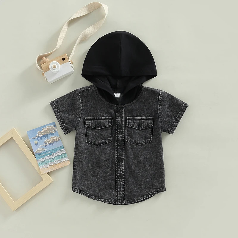 Boys short sleeved hoodie with buttons and pockets summer top suitable for casual daily wear childrens fashion trends 250319