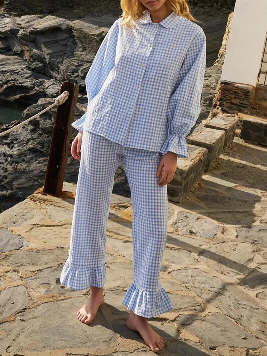 Womens Two Piece Outfits Set Long Sleeve Tie Front Top and Ruffled Wide Leg Pants Y2k Peplum Pajama Sets 250319