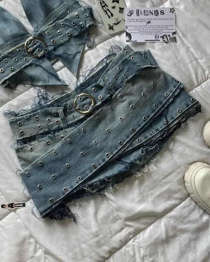 Harajuku Sling Y2k Two Piece Sets Womens Outfits Gothic Vintage Denim Skirt Sets Sexy Slim Crop Tops Mini Skirt Streetwear 250319