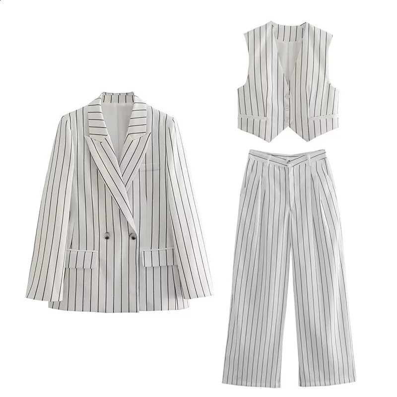 QNQO twopiece womens coat striped set vest office Vneck top and fashionable high waisted pants 250319